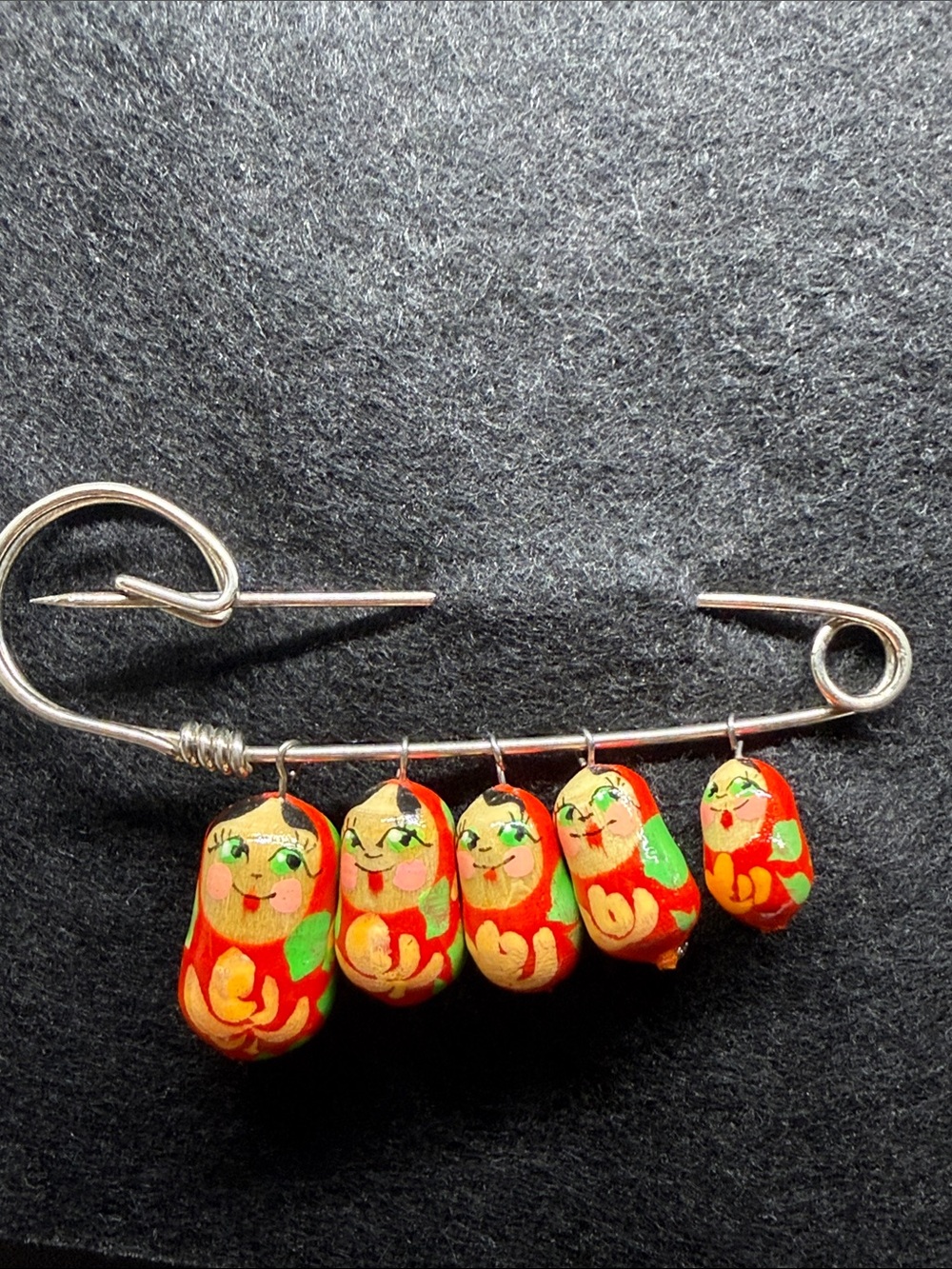 Vintage Matryoshka Russian Nesting Dolls Set on Safety Pin Brooch